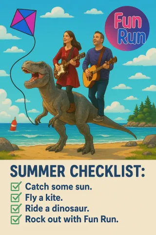 a man and a woman playing guitars and riding a t rex