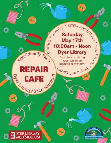 green flyer with pictures of tools and program info