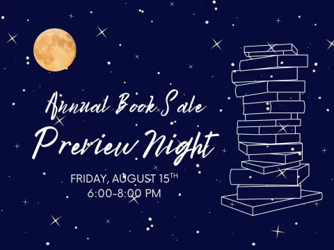 night sky with full moon and outline of stack of books
