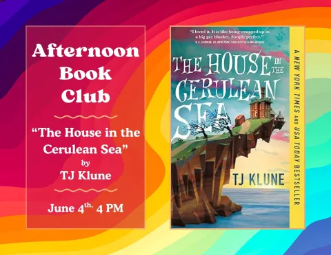 colorful swirls and a book cover with a drawing of a house on a cliff over the sea