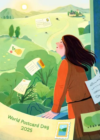 illustration of a girl looking out on a field with letters