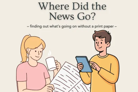 girl reading paper boy reading ipad