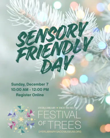 sensory friendly day with light holiday tree behind december 7 2025 10am-12pm