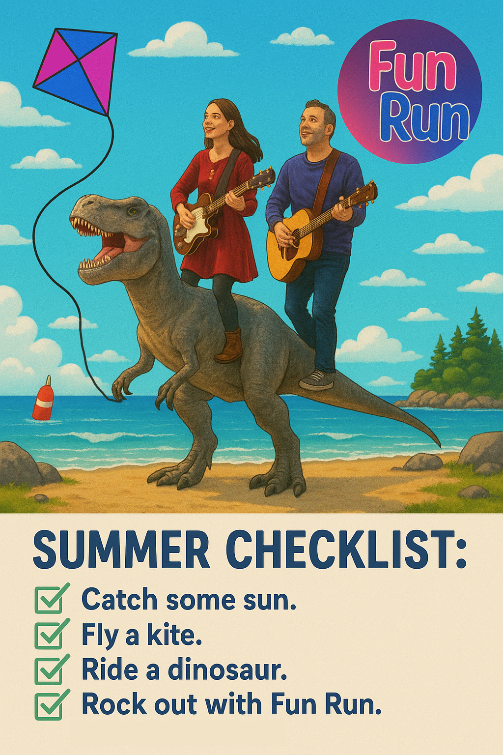 a man and a woman playing guitars and riding a t rex