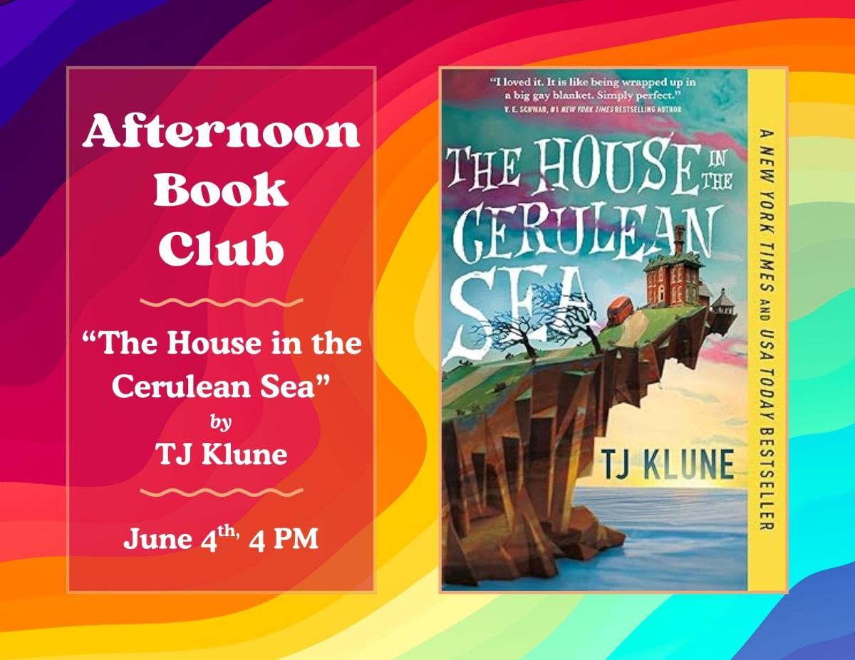 colorful swirls and a book cover with a drawing of a house on a cliff over the sea